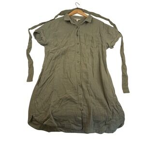 Weatherproof Vintage Olive Green Double Gauze Button Down Shirt Dress Belted M